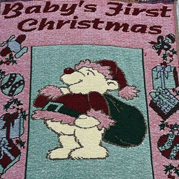 Baby's First Christmas Tapestry Throw Blanket Teddy Bear & Train Gift 44" x 33" - Picture 3 of 4